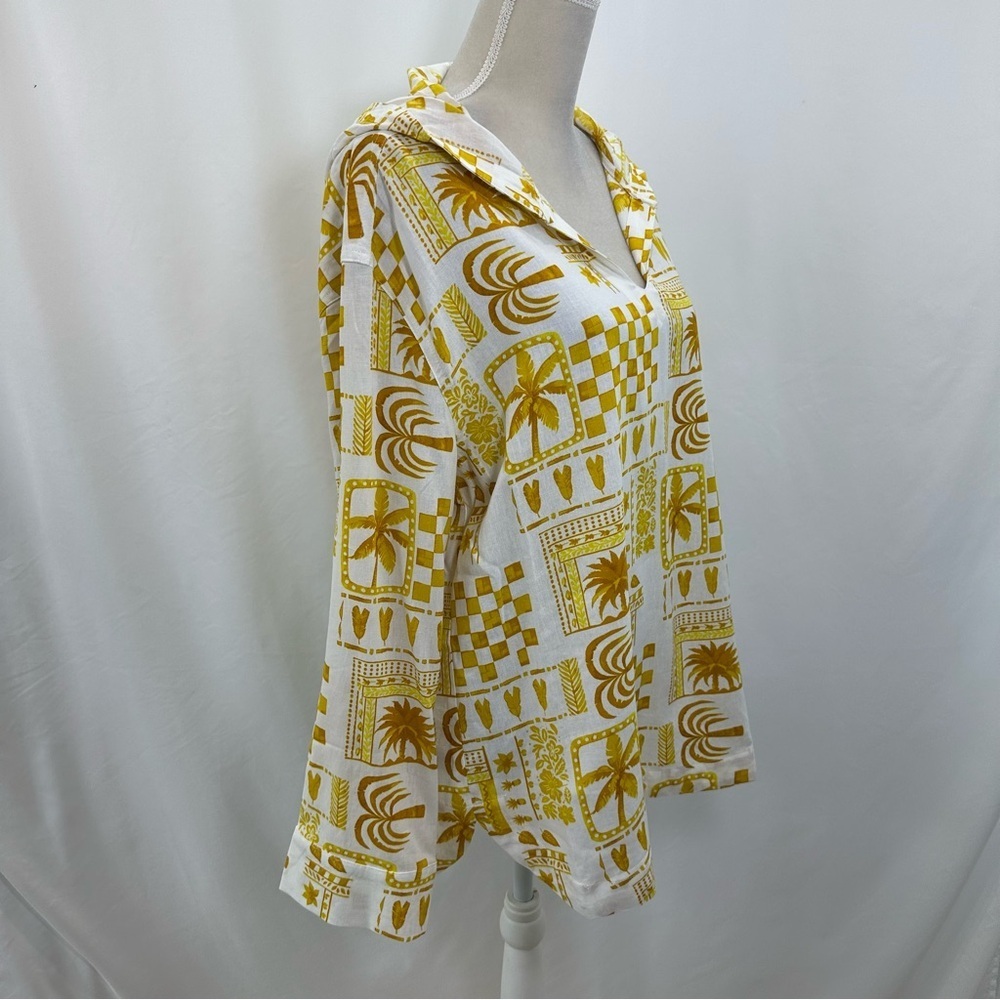 NWT Jane Delancey Hooded Tunic Womens Large Long Sleeve Yellow Print Linen Blend - Picture 2 of 8